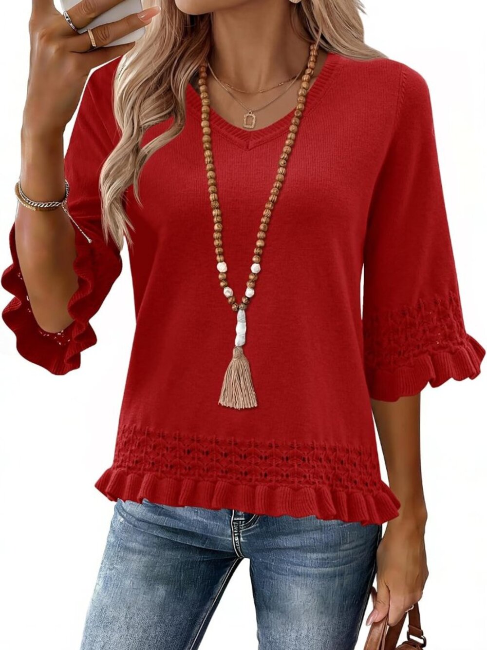 Chic V-Neck Peplum Sweater for Women - 3/4 Sleeve Knit Top, Perfect for Layering